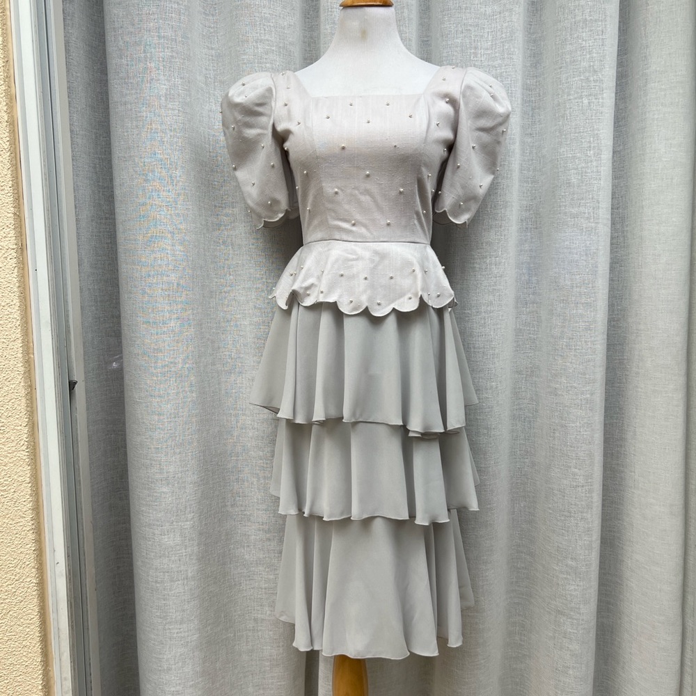 Vintage light peplum dress with faux pearls by Michael Maiello for Pat Richards